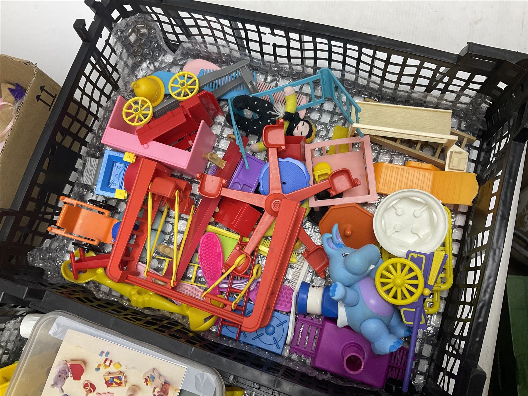 1980s Epoch Sylvanian Families - Country Kitchen Utensil Set and Playpen with Mobile; both boxed; together with assorted loose furniture, playground equipment, grocery shop stock etc; Penny's Pony Club Set in folding stable box; and boxed Bouncin' Babies Nursey Playset