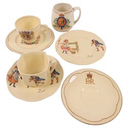 Royal Doulton nursery rhyme trio 'there was a little man, and he had a little gun', pewter coffee pot and tankards, commemorative ware, two mallet decanters, etc