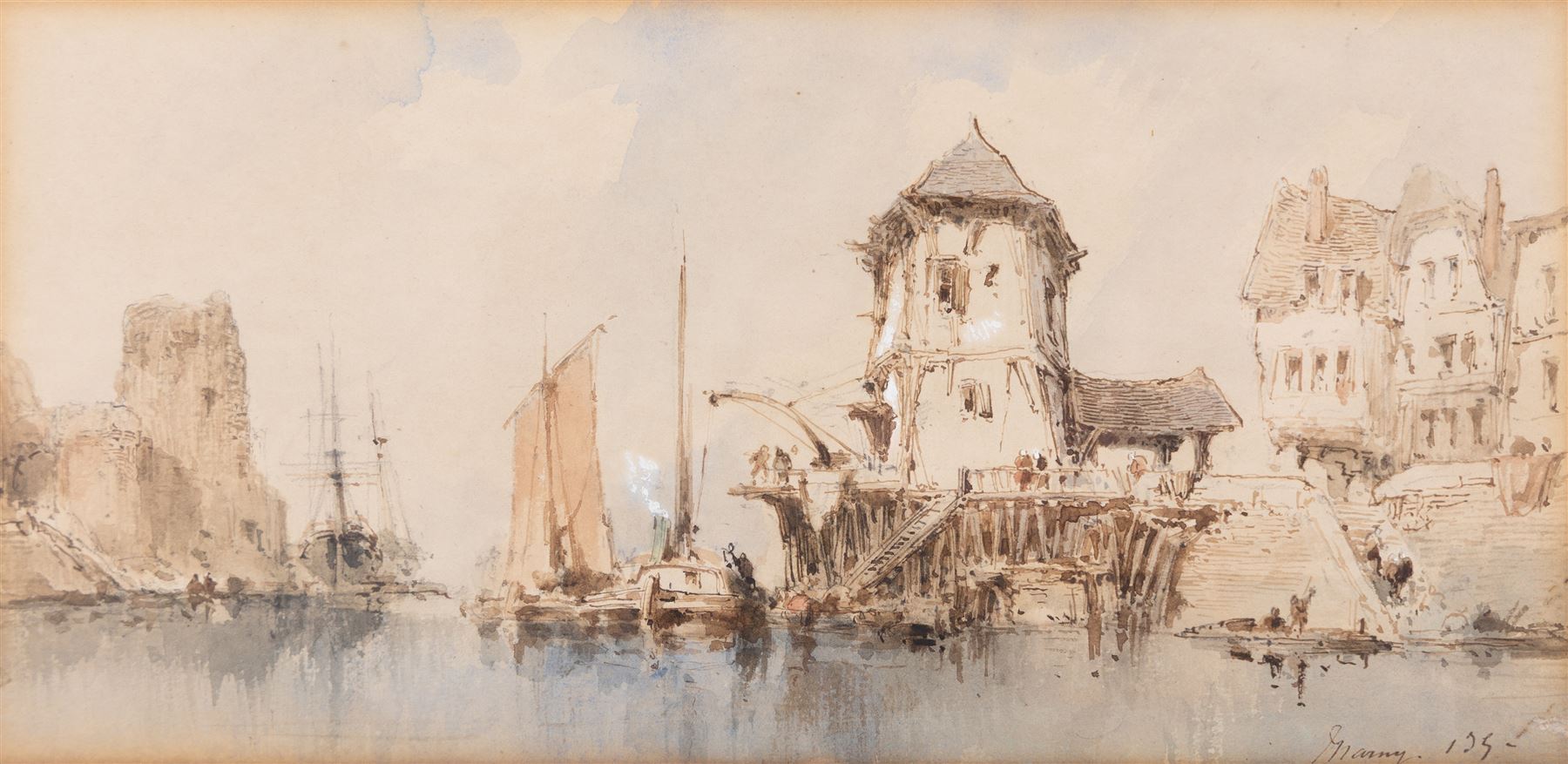 Paul Marny (French/British 1829-1914): Continental Port Scenes, two watercolours signed, max 19cm x 37cm (2)