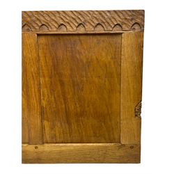 Gnomeman - pair of panelled oak 3' single headboards, the central panel carved with Yorkshire rose, carved with gnome signature, by Thomas Whittaker of Littlebeck 

Provenance: made by Thomas Whittaker for his granddaughter. The headboards come to us for sale directly from the family. 