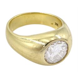 Gold single stone bezel set round brilliant cut diamond ring, stamped 14K, diamond approx 3.75 carat, clarity I1, colour G-I