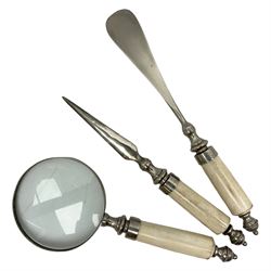 Magnifying glass, letter opener and shoe horn set, with bone handles and silver plated finials 