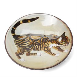 Joyce Morgan cat plate, signed to base, D21cm; George Selim for Goebel seated cat figure, H24cm, and a studio pottery figure of a Siamese, unsigned, H23cm (3)