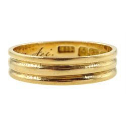 Edwardian 18ct gold ridged band, inscribed within F.J.  l.J.H. 24. February 1863. Aei, makers mark KBSP, Birmingham 1902, approx 2.9gm