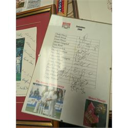 Collection of signed International cricket memorabilia, mostly relating to West Indies, including Curtly Ambrose and Brian Lara prints, Shane Warne and Glen McGrath last test souvenirs, signed Zimbabwe 2003 tour cricket bat, etc