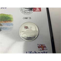 Commemorative coins and covers, including '80th Anniversary of the Battle of Britain' coin cover with Solomon Islands 2020 half dollar, 'Royal National Lifeboat Institution' coin cover with Alderney 2021 five pounds, 'Queen Elizabeth II's 95th Birthday' coin cover with Solomon Islands 2021 half dollar, other similar coin covers all in Harrington and Byrne folders, The Royal Mail 'HM The Queen's 95th Birthday' coin cover with 2021 five pounds and Queen Elizabeth II Isle of Man 2020 'Peter Pan' fifty pence coin collection in card folder