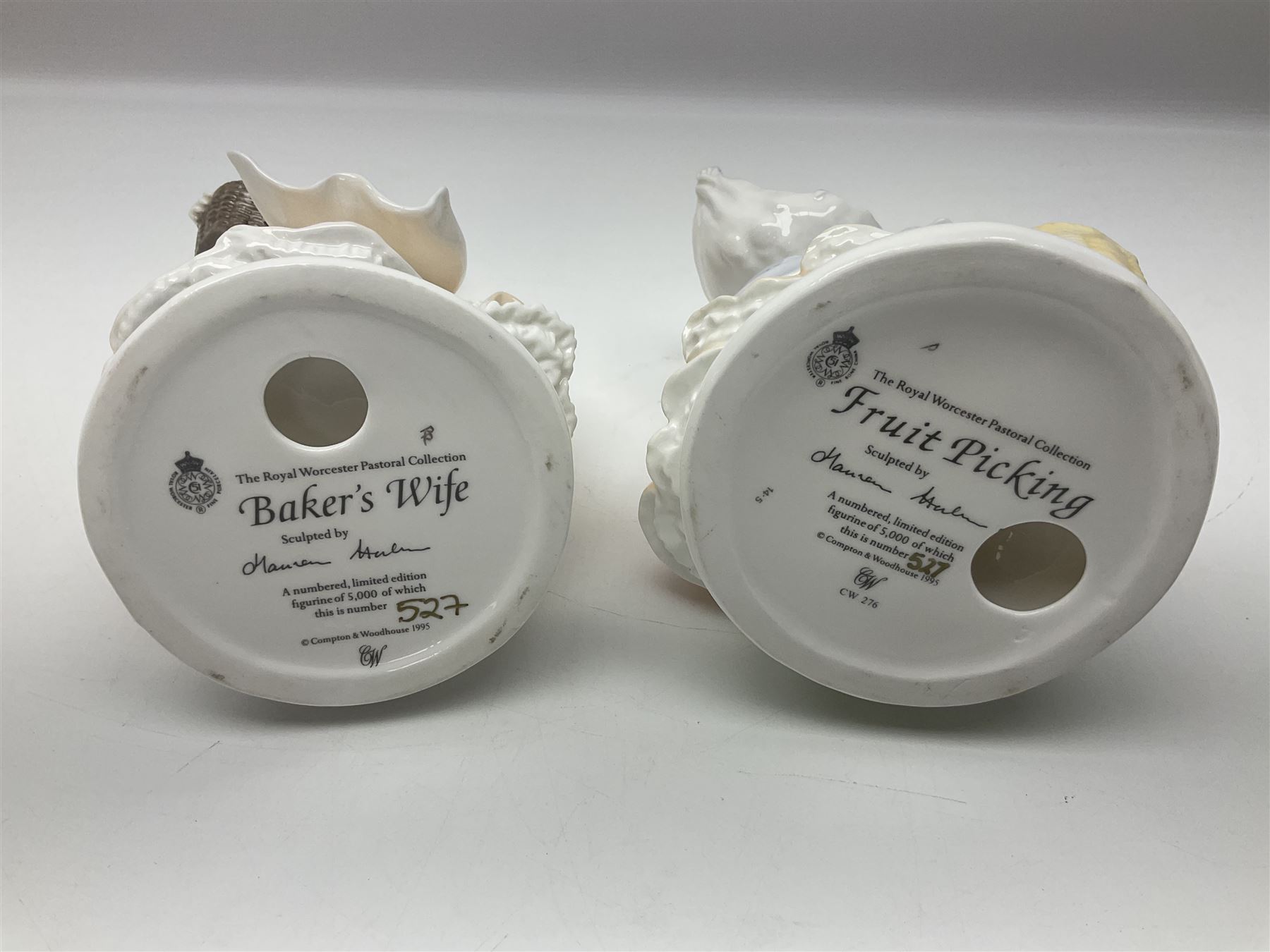 Five Royal Worcester figures, comprising Market Day, Noelle, Bakers Wife, Goose Girl and Fruit Picking, all with printed marks beneath and some with certificates of authentication  