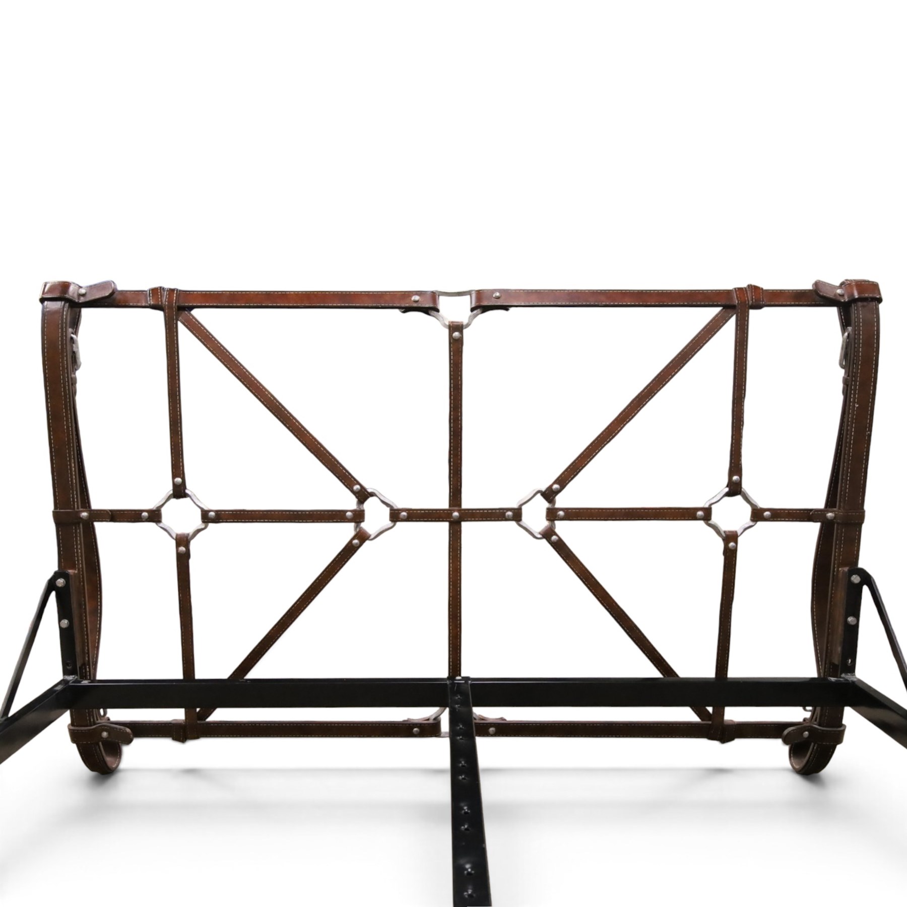 And So To Bed - 'Handel' double bed in the style of Jacques Adnet for Hermes, the metal head and footboards with equestrian tack style leather covering
