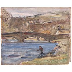 Florence Adelina Hess (Staithes Group 1891-1974): Angler and Bridge, oil on panel unsigned 23cm x 28cm (unframed) 
Provenance: exh. City of Bradford Corporation Art Gallery, Cartwright Memorial Hall, no.37, label verso; from the collection of Doris Bilbrough (née Sykes), cook to the Hess household in the 1930s, thence by descent through the family.