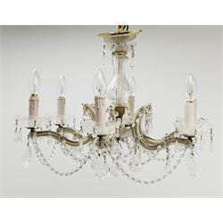 A glass chandelier, with six curved branches supporting glass swags and droppers, approximately H39cm. 