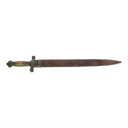 French 1832 Pattern Gladius short sword, the 49cm double edged blade inscribed to the ricasso, cast brass hilt with groove grip and short quillons, brass mounted leather scabbard, scabbard and sword both marked 994, overall L66cm