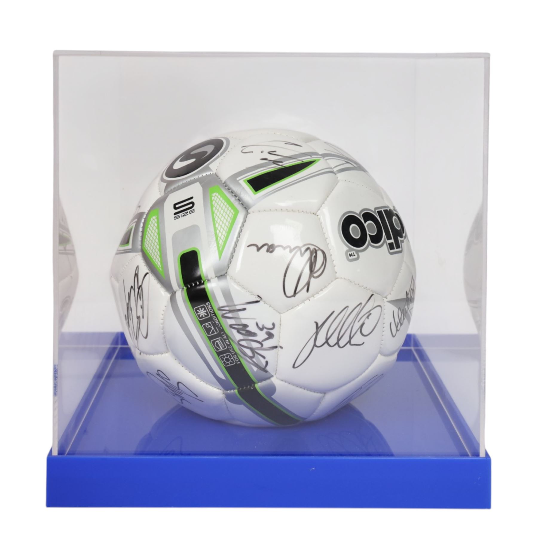 Sondico football signed at the Den by the Millwall football team December 2012, contained within a Perspex display case