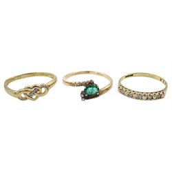 10ct gold, emerald and diamond dress ring and two 9ct gold diamond rings, hallmarked or tested