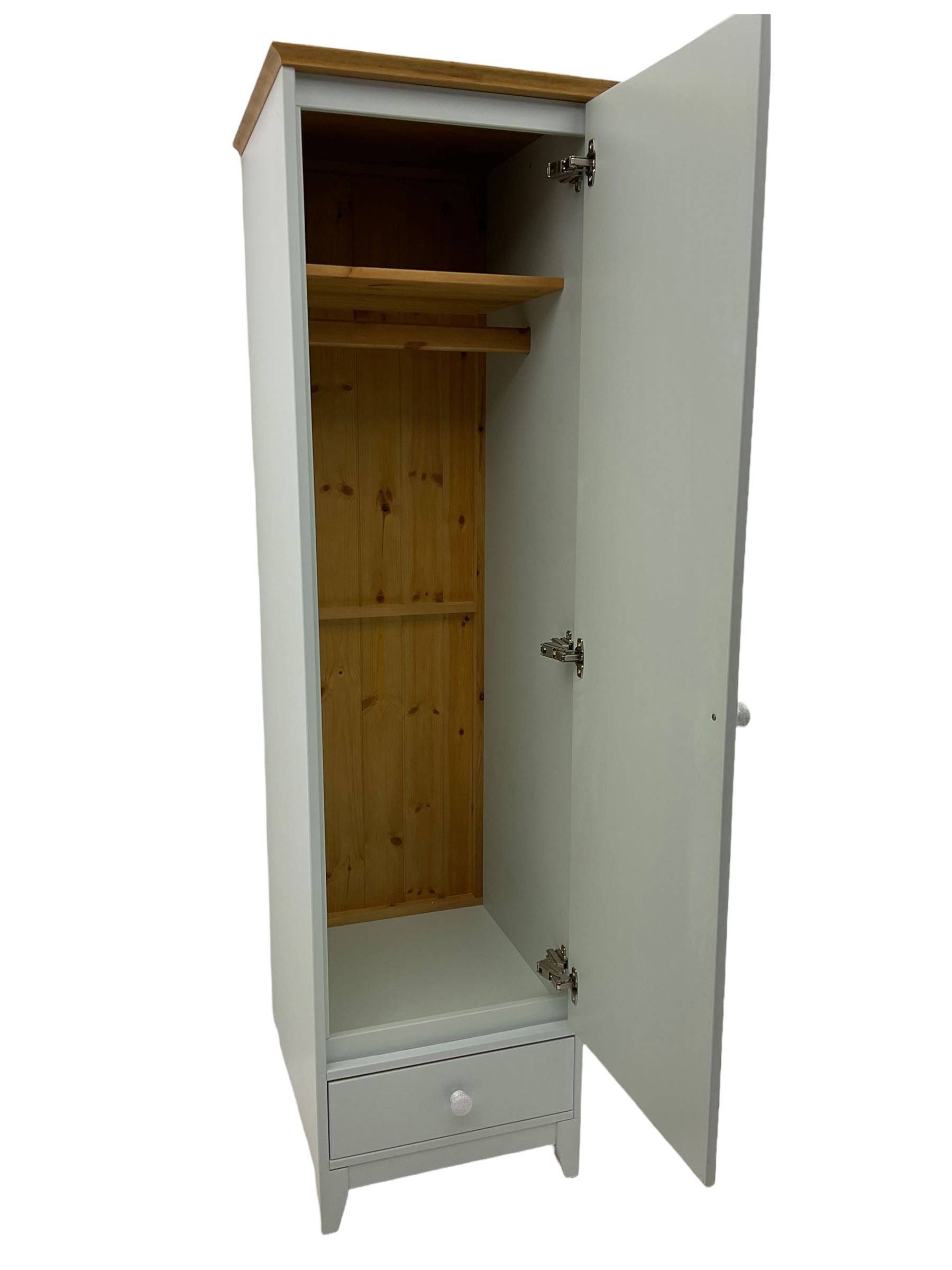 Single wardrobe cupboard, with drawer, finished in duck egg blue with oak cornice