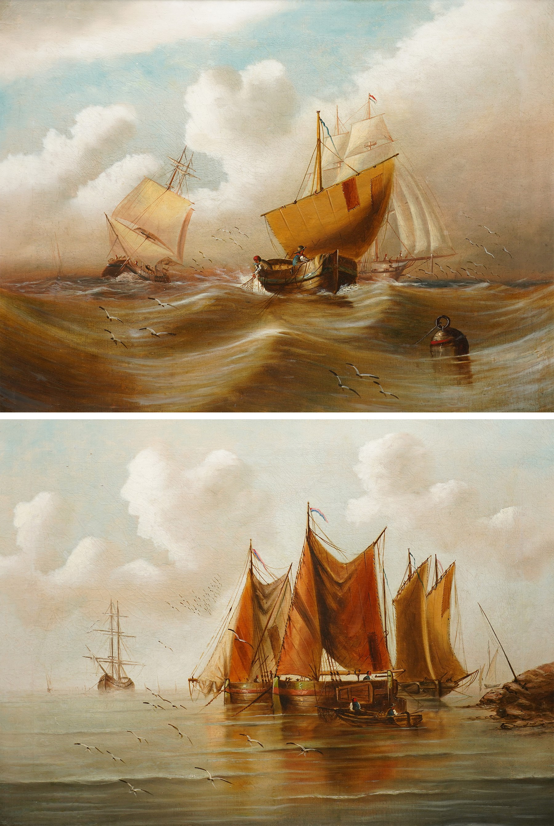 English School (Early 20th century): Fishing in Calm and Rough Seas, pair oils on canvas unsigned, in matching heavy antique gilt frames with repeating anthemion decoration 60cm x 80cm (2)