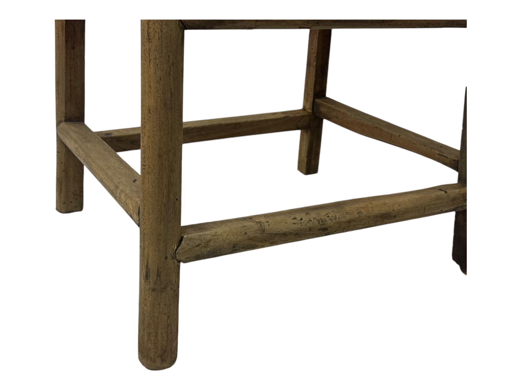 Late 19th century Chinese Qing dynasty high chair, rectangular back with central splat carved with stylised bat motif, applied brasswork to the arms and seat, on rounded supports with double stretcher