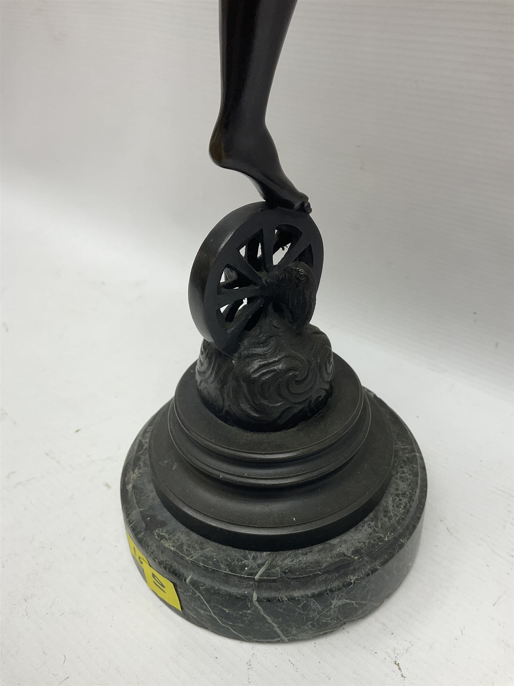 After Louis Guillaume Fulconis, a bronzed figure of Fortuna with cornucopia in her right hand and standing on a wheel on green serpentine base, height 60cm