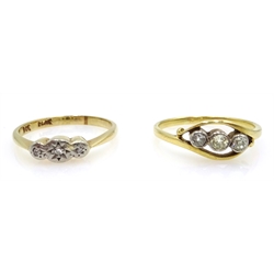  Gold three stone diamond ring (tested 18ct), gold diamond set brooch (tested 14ct) and gold ring stamped 9ct  