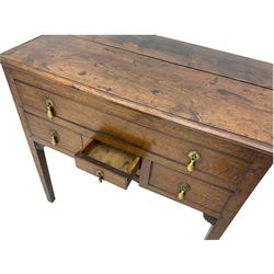 18th century Welsh oak lowboy, fitted with long drawer above three small drawers, square tapering supports, with fan carved corner brackets, circular plate and drop handles 