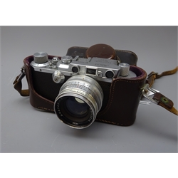  Leica 35mm film camera, Ernst Leitz Wetzlar D.R.P. No.148432, with Jupiter -8 2/50 lens No.6082014 with lens cover, in leather Leica case  