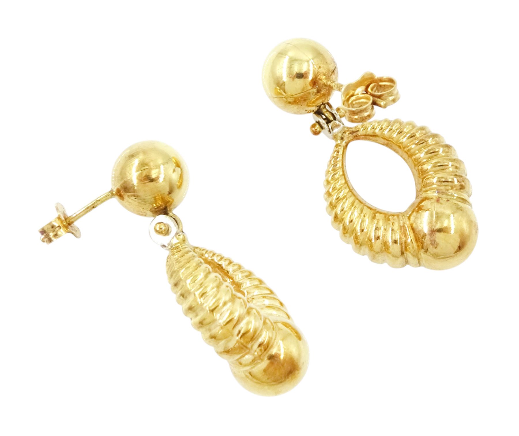 Pair of 18ct gold pendant earrings, each set with a ball stud, suspending a textured hoop drop, stamped 750