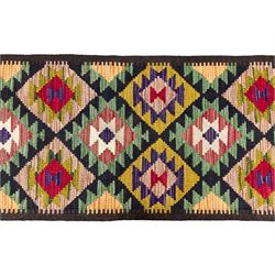 Afghan Maimana Kilim multi-colour runner rug, decorated with all-over geometric lozenges surrounded by a dark indigo border