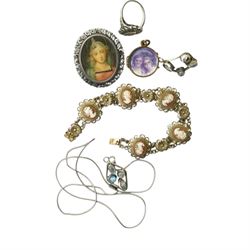 Victorian gilt rock crystal brooch, 9ct gold chase link chain necklace, Accurist ladies wristwatch, malachite bead necklace, silver jewellery including a filigree cameo bracelet, portrait miniature brooch, rings etc, together with various costume jewellery