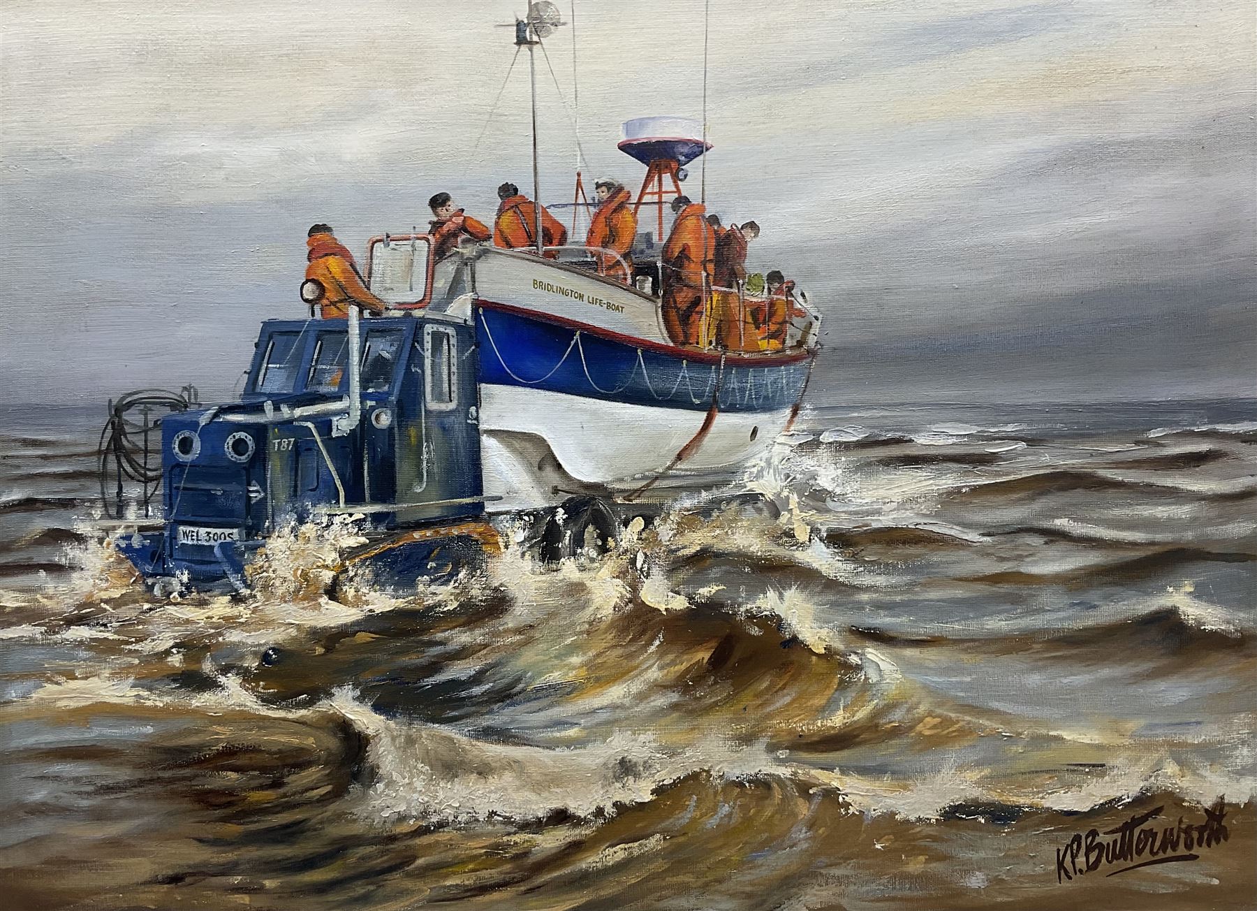 K P Butterworth (British Contemporary): 'Launch of the Bridlington Lifeboat', oil on canvas board signed, titled verso 43cm x 59cm 
