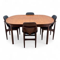 G-Plan - mid-20th century teak oval dining table, with butterfly leaf extension mechanism and four Elliot's of Newbury teak framed dining chairs upholstered in purple and green fabric, table un-extended width 152cm x depth 152cm x height 71cm, chairs 47x37x78cm 