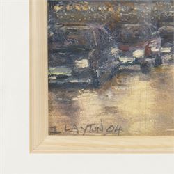 Ian Layton (British 1953-): 'Rain & Rush Hour London', oil on board signed and dated '04, 14cm x 9cm
Provenance: with the Blake Gallery York