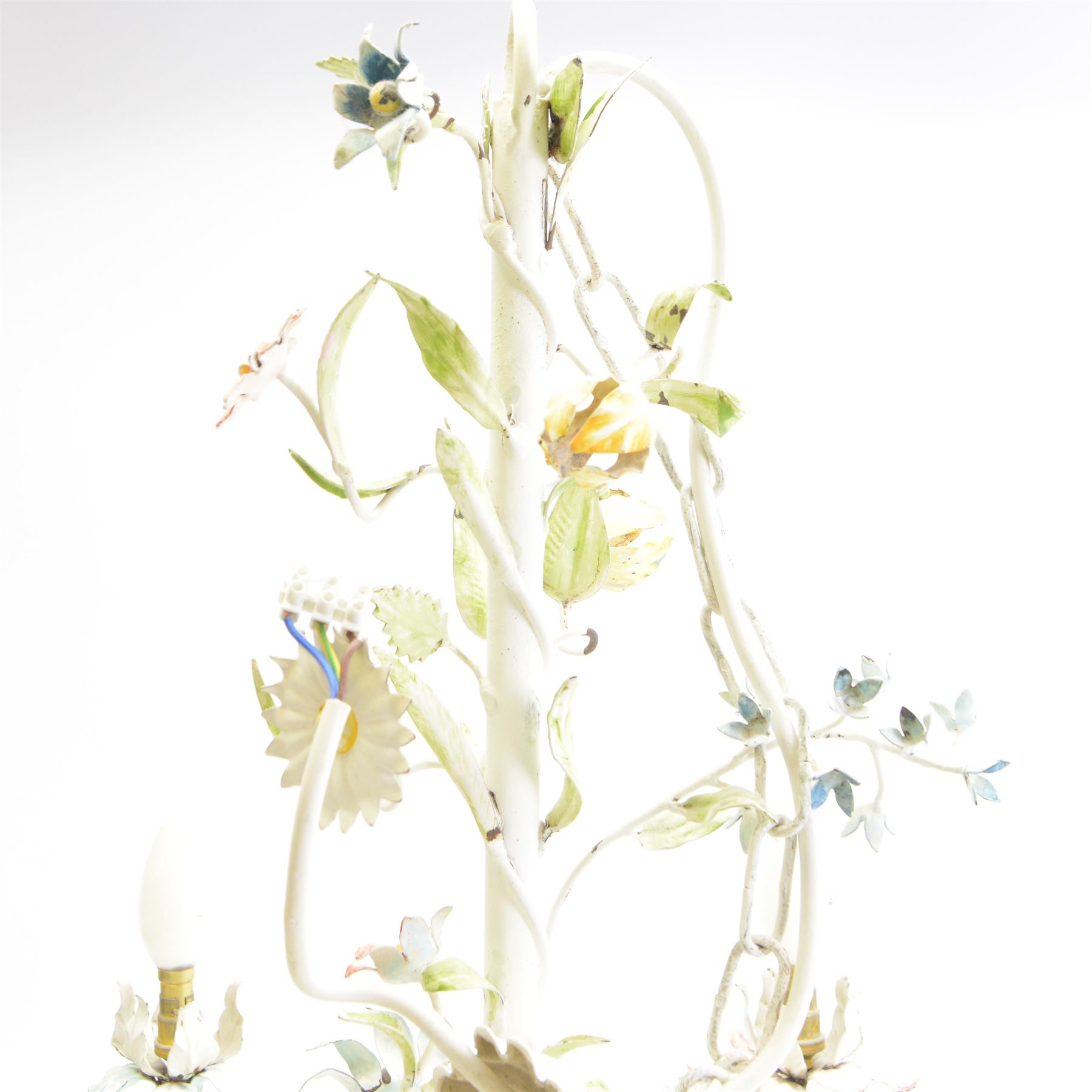 Mid-20th century French toleware chandelier, designed as a multicoloured floral bouquet, five branches each terminating in light fittings