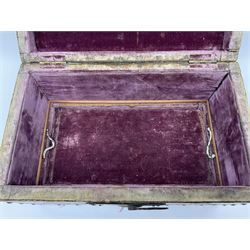 20th century box, decorated in faux leather with the royal coat of arms and GR 1719 to hinged cover, with fleur-de-lis, lion, crown and rose motifs throughout and studs to all edges, opening to reveal a purple velvet interior containing three removable wooden trays, H18.5cm