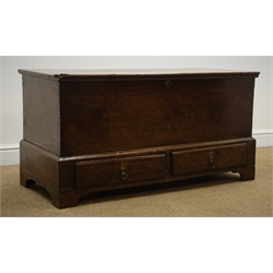 Late 18th century oak mule chest, hinged lid above two drawers, shaped bracket supports, W111cm, H56cm, D48cm  
