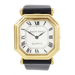 Bueche-Girod gentleman's 9ct gold quartz wristwatch, white dial with Roman numeral hour ma...