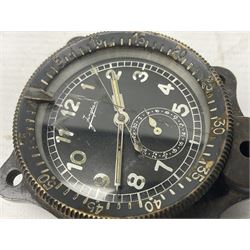 WW2 Jungans Luftwaffe aircraft cockpit clock with luminous centre sweep seconds hand, baton hour and minute hands, regulation 45mm black dial with date recorder, formerly illuminous Arabic numbers and minute track, rotating bezel (seized), going barrel movement with a lever escapement serial No 22901 jewelled to the centre wheel, over-sprung balance with timing  screws, max.H8cm