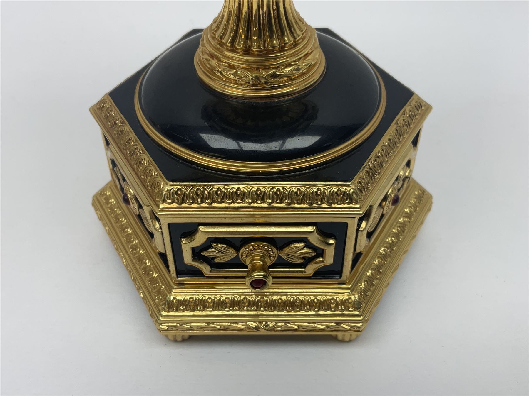 Franklin Mint House of Faberge; The Imperial Jeweled Egg Chess set, the egg opening to reveal a chess board, with a draw to the hexagonal base holding the miniature chess pieces, H23cm 