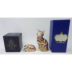  Two Royal Crown Derby paperweights 'Sleeping Kitten' & another Cat, H13cm both with gold stoppers and boxes (2)  