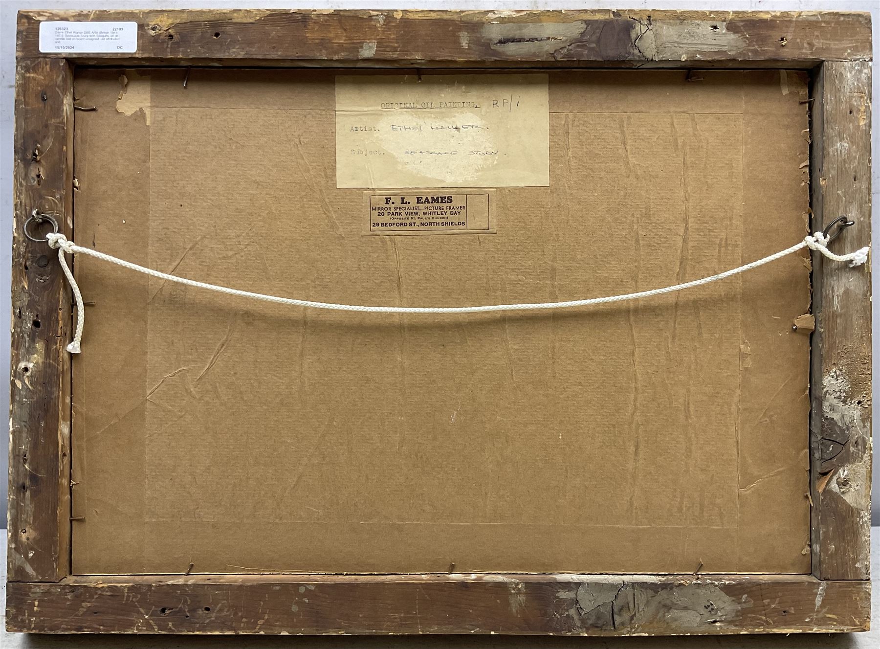 Dame Ethel Walker DBE ARA (British 1861-1951): Seascape Study with Seagulls, oil on canvas laid on board unsigned, old attribution and title label verso along with Whitley Bay framer's label 26cm x 39cm 
Notes: probably a view at Robin Hood's Bay, where Walker had a cottage.