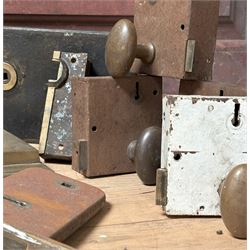 Large Scottish brass rim lock with key, 19th century (W22cm) together with two late Victorian steel cased rim locks with keeps (W23cm) a set of four early 20th century early 20th century surface locks with brass handles, and three mortice locks (10)  - COLLECTION BY APPOINTMENT FROM: The White House, Thirsk Road, Easingwold, York, YO61 3NF - CALL 01723 507111 TO ARRANGE