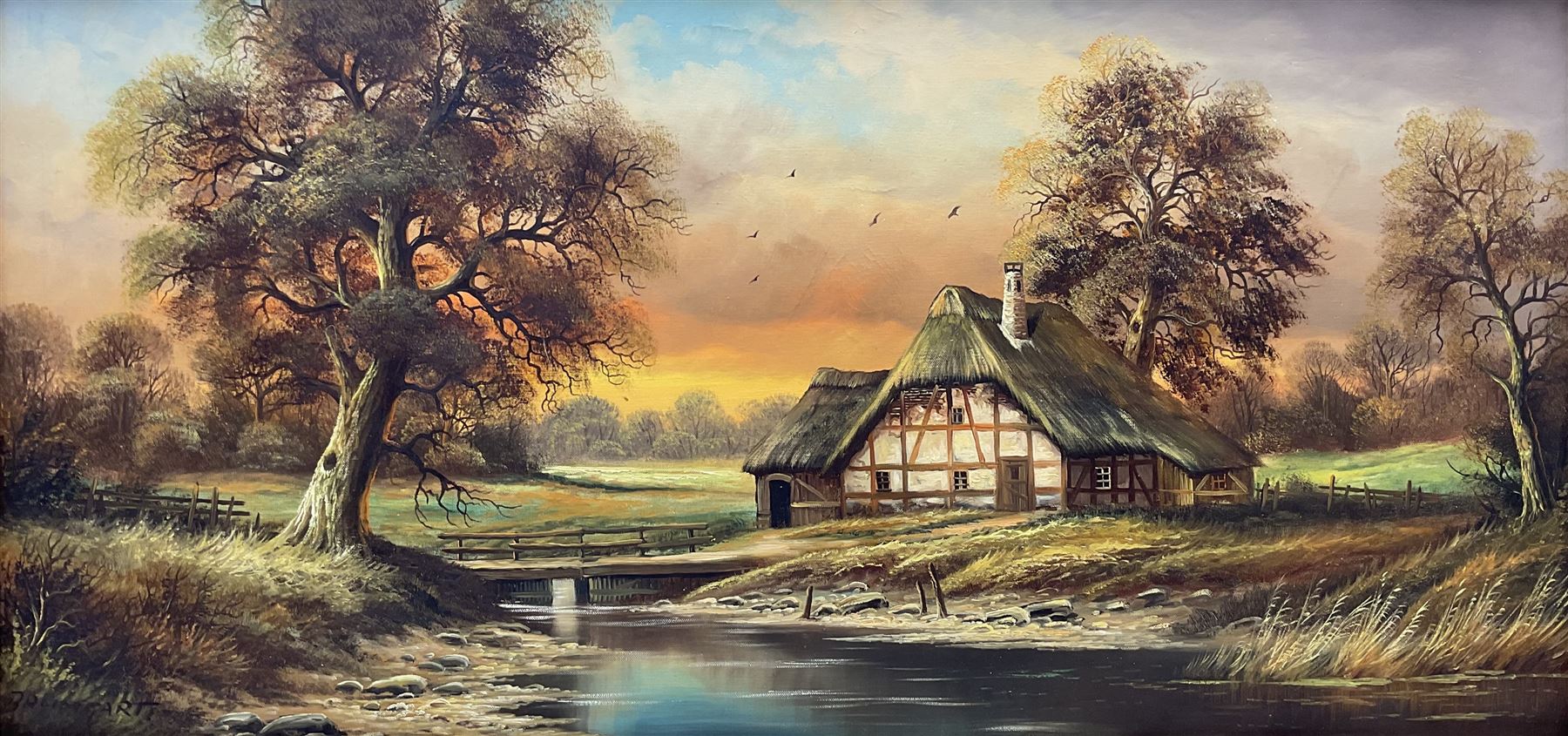 Horst Baumgart (German 1932-): Thatched Cottage II, oil on canvas signed 48cm x 98cm in cruciform oak Oxford frame