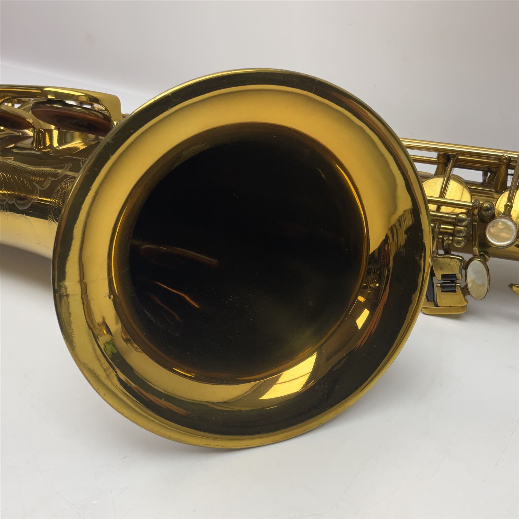 Mid-20th century French Henri Selmer Mark VI tenor saxophone, serial no.M.70644 for 1957, various French, English and American patent numbers, crudely stamped J.A.Brown twice to thumb rest; in fitted hard case with crook and other accessories including two Berg Larsen mouthpieces, reed cutter etc