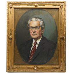 Brenda Bury (British 1932-): Members of European Parliament - 'Diana Elles Baroness Elles' 'Aeneas Simon Mackay 15th Lord Reay' 'David Lewis 1st Baron Brecon' 'Sir Peter Kirk' 'Derek Walker Smith Baron Broxbourne' and 'Tufton Beamish Baron Chelwood', set of six oils on canvas signed with initials, in matching frames, 76cm x 59cm (6)
Provenance: Property of a Nobleman.