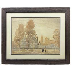 George Harrison (York 1882-1936): Figures in a Yorkshire Village with Steeple in Background, watercolour signed and dated 1925, 34cm x 46cm
Notes: Harrison studied at York School, Leeds College of Art, RCA and Newlyn. Became Principal of York School of Art and also ran a school of art at the Corn Mill Stamford Bridge York