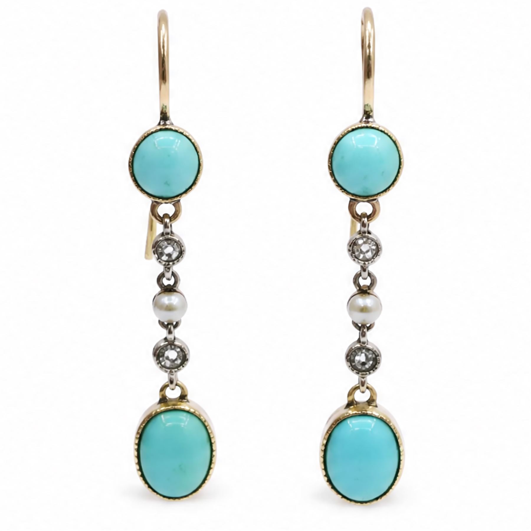 Pair of early 20th century gold turquoise, pearl and diamond earrings, each pendant, set with two turquoise stones, spaced by two old cut diamonds set in white gold and a single pearl
