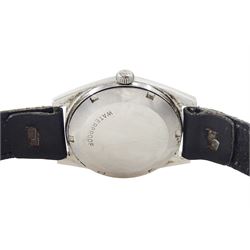 Omega gentleman's stainless steel automatic wristwatch, Cal. 565, Ref. 166041, serial No. 31158582, silvered dial with baton hour markers and date aperture, on black leather strap