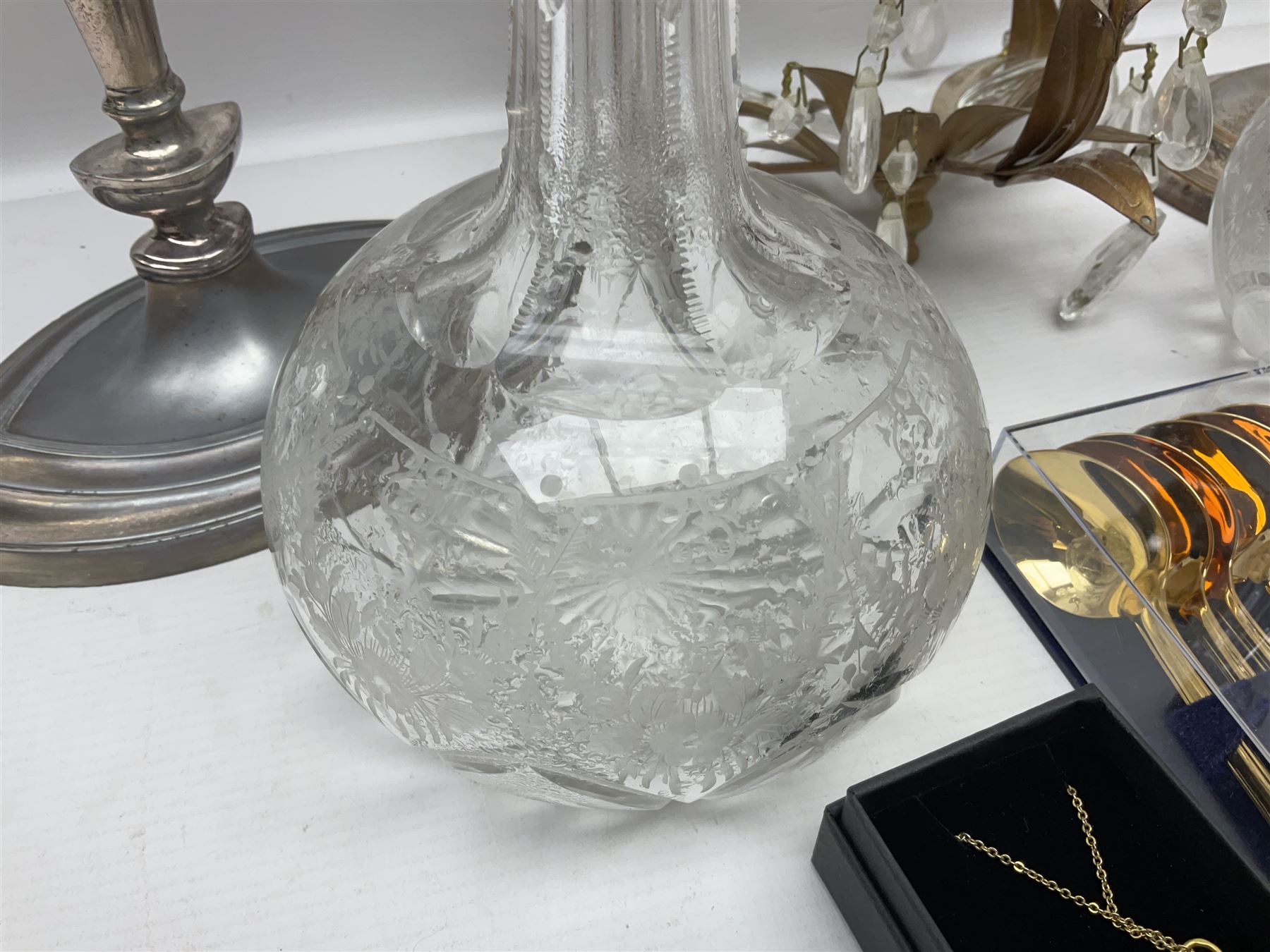 Two silver plate candelabras, together with two glass decanters, necklace and other collectables 