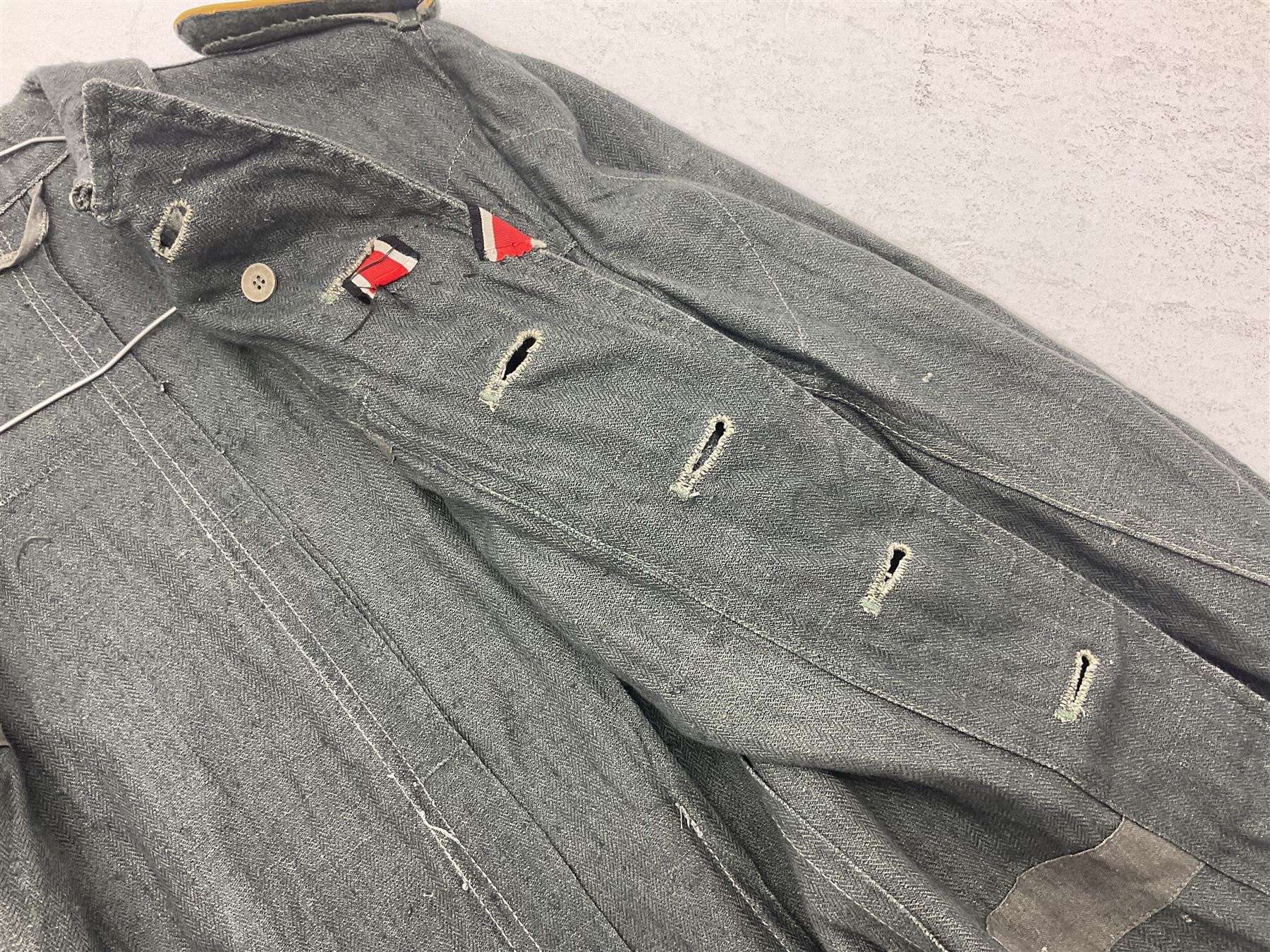 WW2 German Army grey/green herringbone twill four pocket tunic with shoulder tabs for signals regiment, cloth eagle insignia and iron cross ribbon