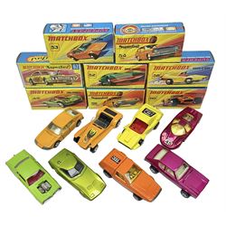 Matchbox 1-75 Series 'Superfast' ex-shop stock - eight models comprising 45c Ford Group 6, 52c Dodge Charge Mk.III, 53d Tanzara, 54c Ford Capri, 56c Pinifarina, 58d Woosh 'n' Push, 60c Lotus Super Seven and 62d Dragster; all boxed (8)