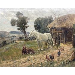 James William Booth (Staithes Group 1867-1953): Ponies and Chickens in the Farmyard, oil on canvas signed 75cm x 94cm