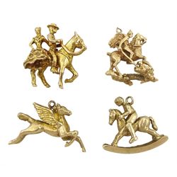 Four 9ct gold pendant/charms including Pegasus, St George slaying the dragon, boy on a rocking horse and male and female on a horse